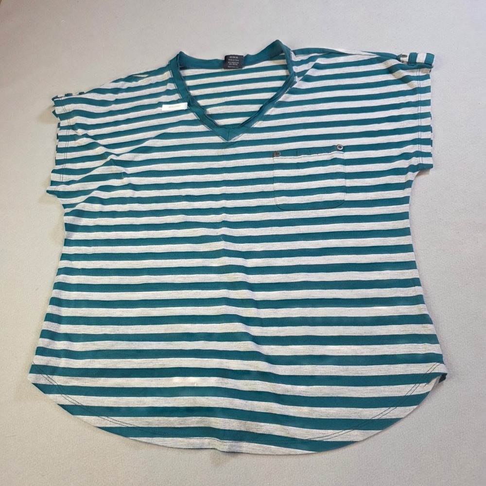 Faded Glory Antique Teal Striped V-Neck Pocket Tee XL 16-18 FL33307S